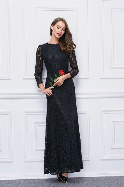 Black High Neck Lace Sleeve Long Formal Dress - $79 #CK314 - SheProm.com