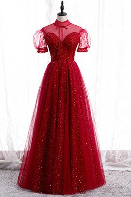 Burgundy Sequined Prom Dress Illusion Neckline with Bling Sleeves - MX16026
