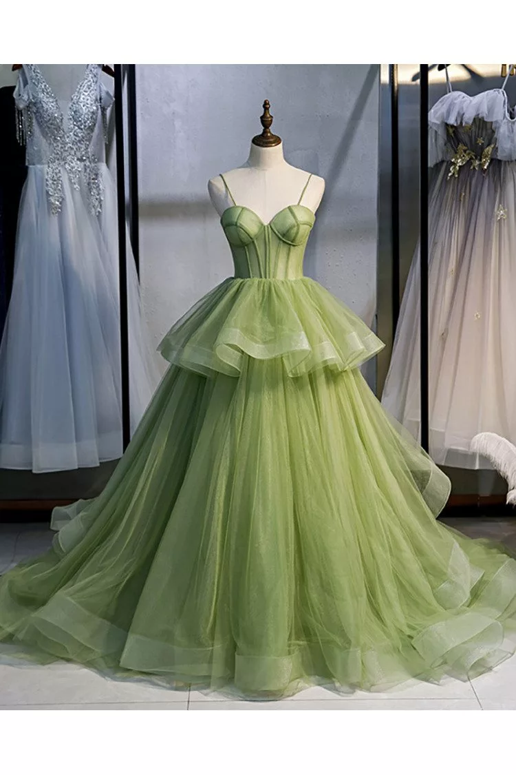 Stunning Green Corset Prom Dress Ruffled Tulle with Straps Long Train -  $146.9808 #MX16032 