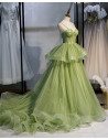 Stunning Green Corset Prom Dress Ruffled Tulle with Straps Long Train - MX16032