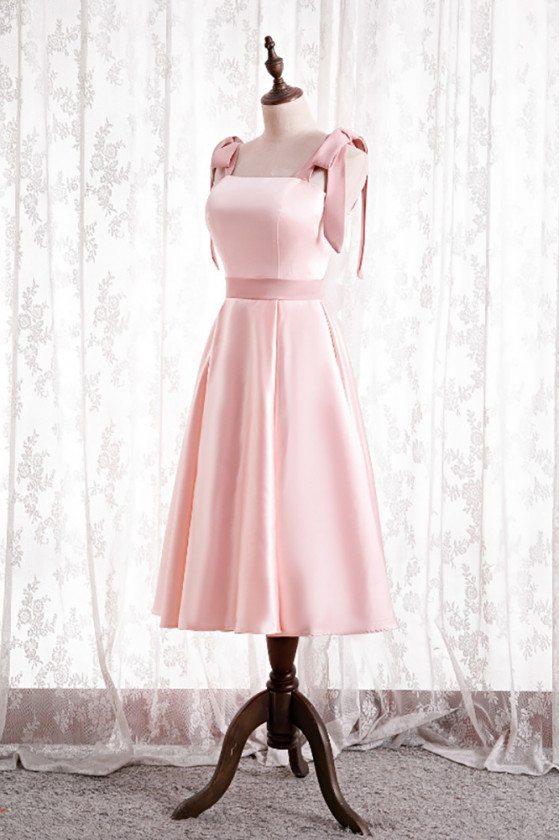 Cute Pink Satin Tea Length Hoco Dress with Strappy Straps - $79.9776 # ...