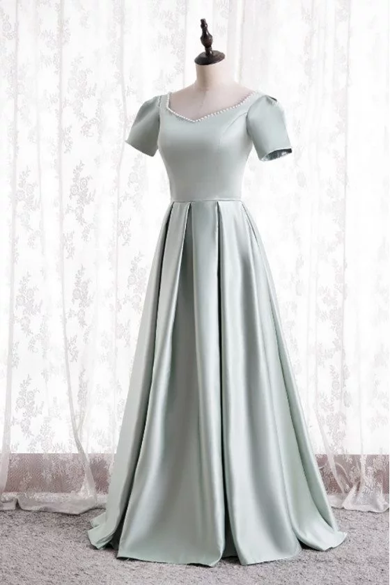 Elegant Beaded Satin Formal Dress Pleated with Short Sleeves - $101. ...