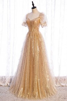 Formal Bling Gold Sequins Prom Dress Beaded with Bubble Sleeves - MX16094