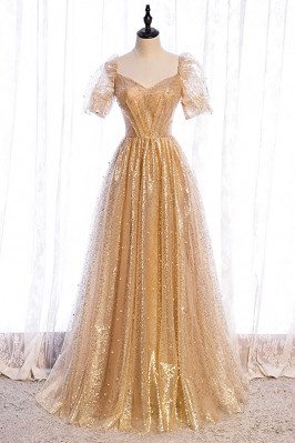 Formal Bling Gold Sequins Prom Dress Beaded with Bubble Sleeves - MX16094
