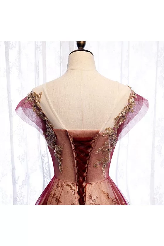 Burgundy Formal Prom Dress with Bling Gold Sequins Cap Sleeves - $131.9832  #MX16008 - SheProm.com