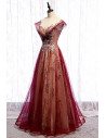 Burgundy Formal Prom Dress with Bling Gold Sequins Cap Sleeves - MX16008