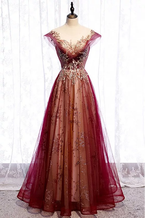 Burgundy Formal Prom Dress with Bling Gold Sequins Cap Sleeves - MX16008
