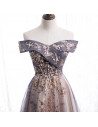 Purple Grey Tulle Dusty Long Prom Dress Off Shoulder with Sequins - MX16024