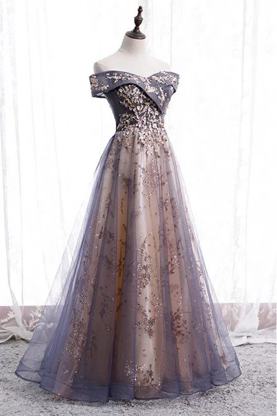 Purple Grey Tulle Dusty Long Prom Dress Off Shoulder with Sequins