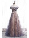 Purple Grey Tulle Dusty Long Prom Dress Off Shoulder with Sequins - MX16024