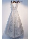 Sparkly Sequins Long Silver Prom Dress with Illusion Vneck - MX16065