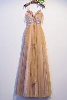 Beautiful Long Champagne Tulle Prom Dress with Strappy Straps - MX16085