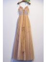 Beautiful Long Champagne Tulle Prom Dress with Strappy Straps - MX16085