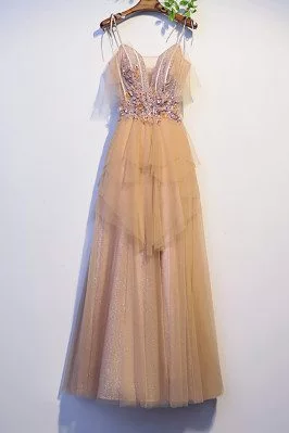 Beautiful Long Champagne Tulle Prom Dress with Strappy Straps - MX16085