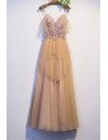 Beautiful Long Champagne Tulle Prom Dress with Strappy Straps - MX16085