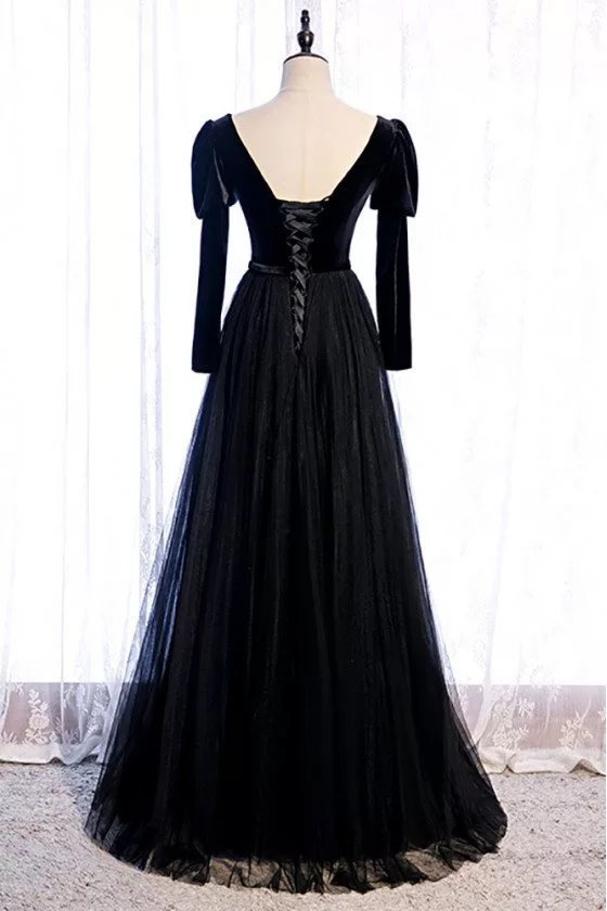 Gothic Black Formal Long Tulle Prom Dress with Long Sleeves - $109.98  #MX16082 - SheProm.com