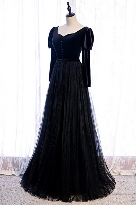 Gothic Black Formal Long Tulle Prom Dress with Long Sleeves - $109.98  #MX16082 - SheProm.com