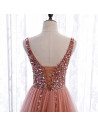 Pink Sequined Split Prom Dress Aline Sleeveless with Train - MX16055