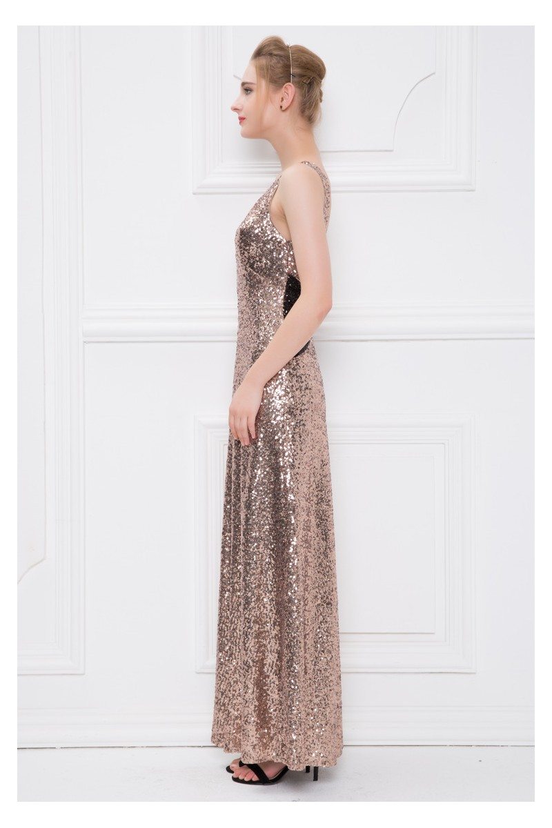V-neck Backless Sequin Long Formal Dress - $107.16 #CK406 - SheProm.com