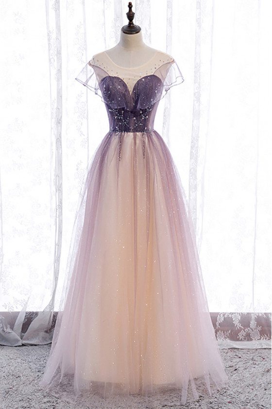 Purple Bling Tulle Prom Dress Illusion Neck with Little Stars - MX16058
