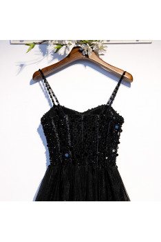 Slim Long Black Party Dress Sequined with Spaghetti Straps - MX16106