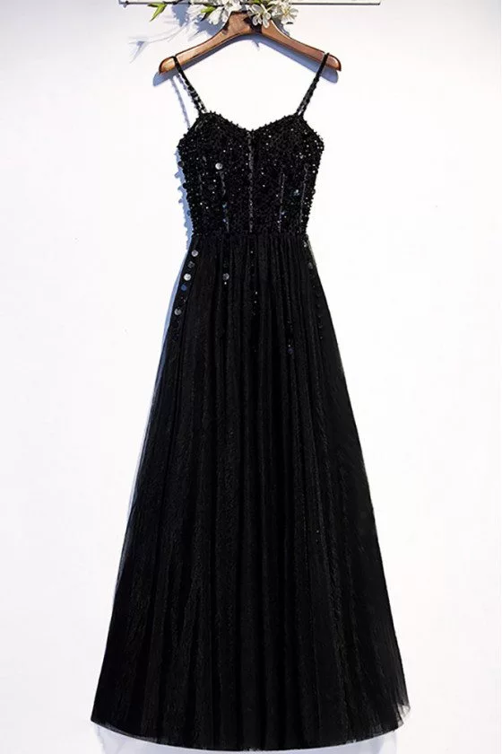 Slim Long Black Party Dress Sequined with Spaghetti Straps - MX16106