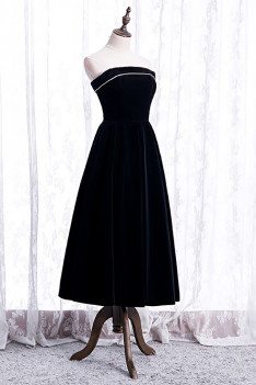 Simple Black Velvet Strapless Tea Length Party Dress - MX16072