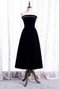 Simple Black Velvet Strapless Tea Length Party Dress - MX16072