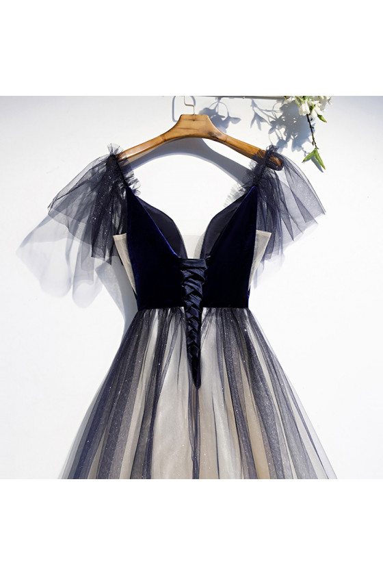 Velvet with Tulle Navy Blue Aline Vneck Prom Dress with Bling - MX16004