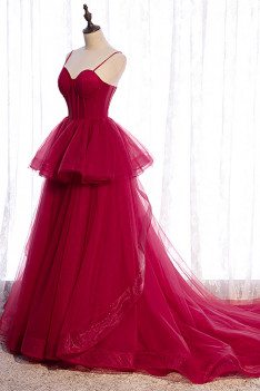 Burgundy Ruffled Tulle Prom Dress Ballgown with Corset Top - MX16099