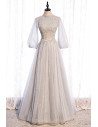 Grey Long Elegant Prom Dress Sequined with Lantern Long Sleeves - MX16081