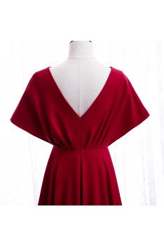 Elegant Burgundy Ruffled Vneck Formal Dress with Dolman Sleeves - MX16044