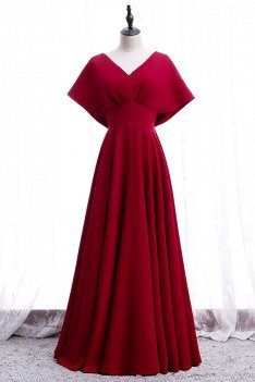 Elegant Burgundy Ruffled Vneck Formal Dress with Dolman Sleeves - MX16044