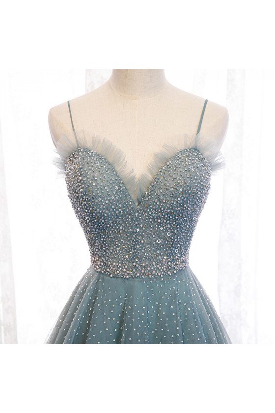 Vintage A line Straps Tulle Dusty Blue Long Prom Dress B589