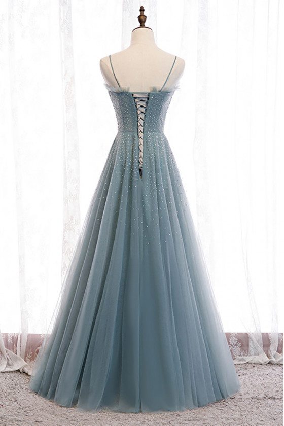 Dusty Blue Tulle Aline Long Prom Dress with Straps Sequins - $120.9816 ...