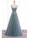 Dusty Blue Tulle Aline Long Prom Dress with Straps Sequins - MX16064