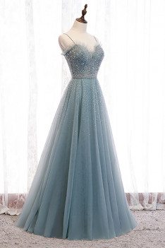 Dusty Blue Tulle Aline Long Prom Dress with Straps Sequins - MX16064
