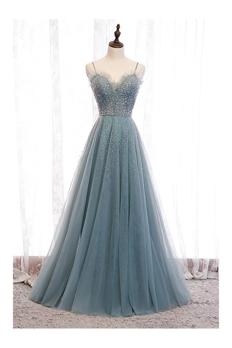 Dusty Blue Tulle Aline Long Prom Dress with Straps Sequins - $120.9816 ...