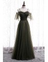 Dusty Green Long Tulle Prom Dress Flowy with Spaghetti Straps - MX16043
