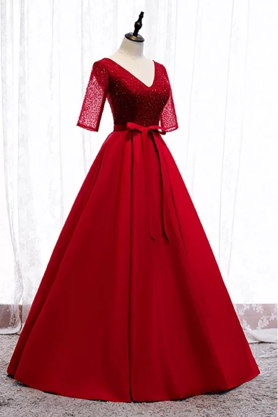 Burgundy Long Formal Dress Vneck Sequined with Sleeves Sash - $95.9832 ...