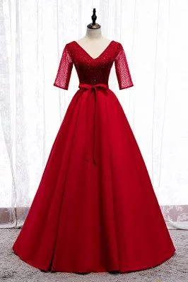 Burgundy Long Formal Dress Vneck Sequined with Sleeves Sash - MX16017