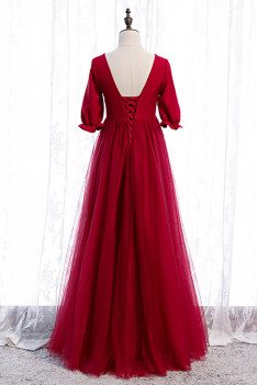 Burgundy Empire Long Tulle Formal Dress Modest Vneck with Sleeves - MX16031