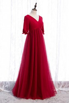 Burgundy Empire Long Tulle Formal Dress Modest Vneck with Sleeves - MX16031