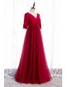 Burgundy Empire Long Tulle Formal Dress Modest Vneck with Sleeves - MX16031