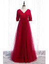 Burgundy Empire Long Tulle Formal Dress Modest Vneck with Sleeves - MX16031