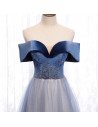 Blue Bling Tulle Off Shoulder Prom Dress with Beaded Pattern - MX16112