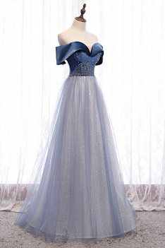Blue Bling Tulle Off Shoulder Prom Dress with Beaded Pattern - MX16112