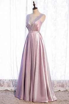 Pink Metallic Pleated Prom Dress Vneck with Beadings - MX16109