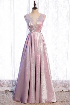 Pink Metallic Pleated Prom Dress Vneck with Beadings - MX16109