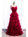 Burgundy Tulle Party Dress Tiered Ruffles with Straps - MX16040